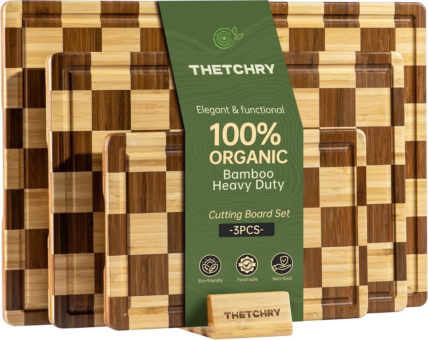 THETCHRY Checkered Cutting Board Set, Bamboo Cutting Board for Kitchen