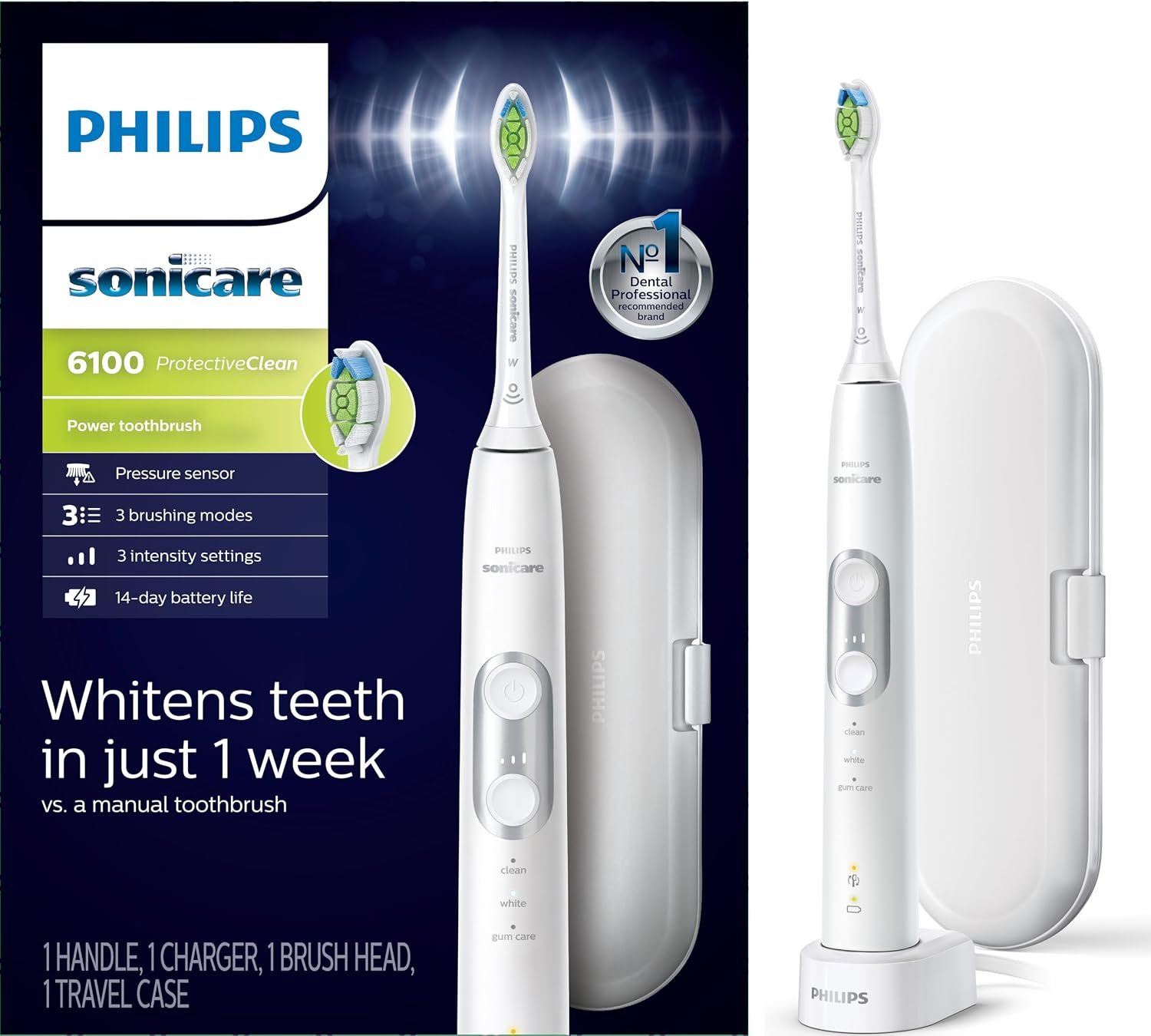 PHILIPS Sonicare 6100 Rechargeable Electric Toothbrush, 1 Brush Head, White