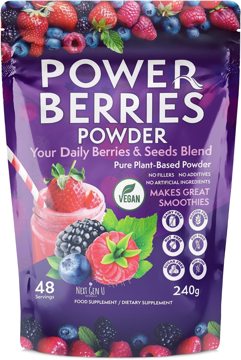 Super Berry Powder – 1 Pack, 240g – Immune Support – Food Supplement – Superfood Berries – Smoothie Mix for Shakes – Healthy Boost for Detox Juice Beverages or Any Drink – by NextGenU