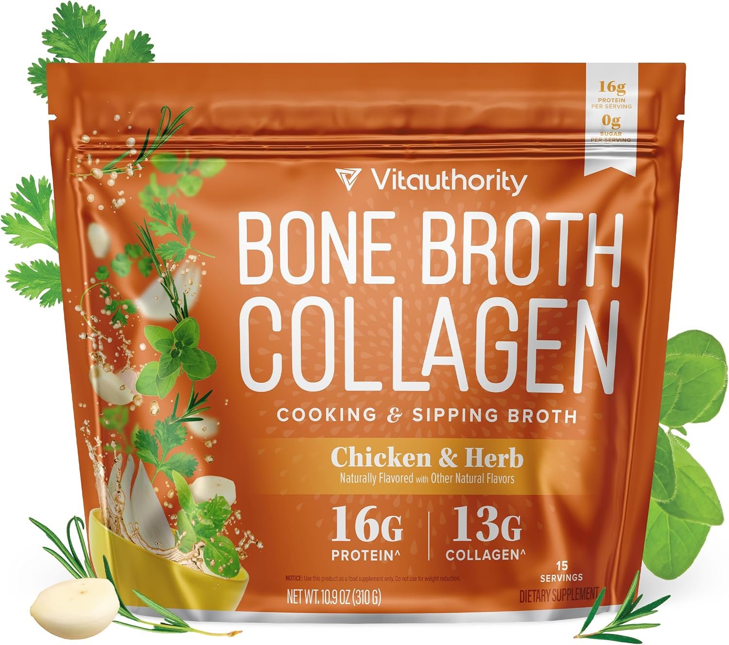 Bone Broth Collagen Powder Sipping Broth 16g Protein, | Chicken 15 Servings