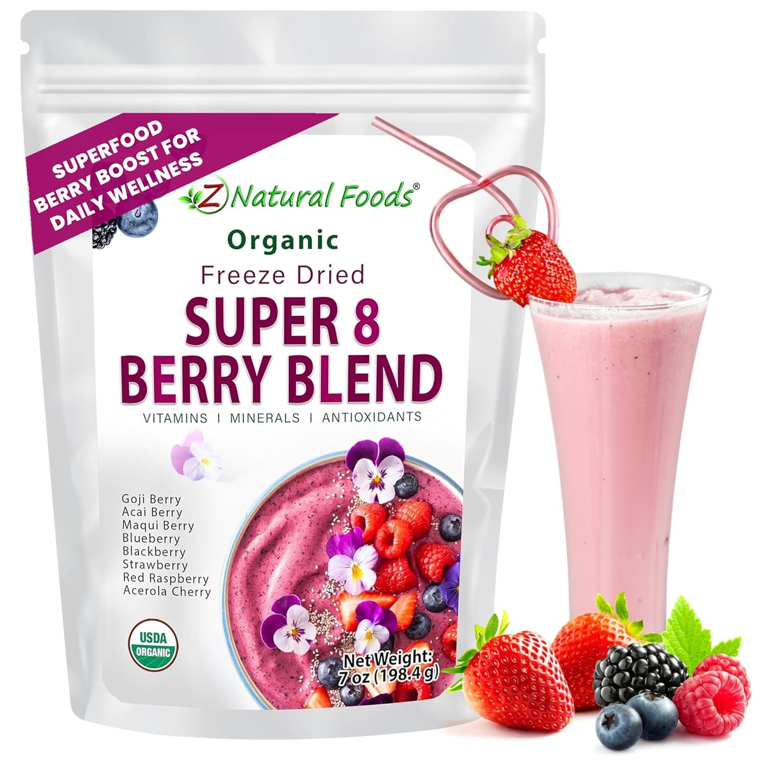 Z Natural Foods Super 8 Berry Blend – Organic Freeze-Dried Powder, 7 oz