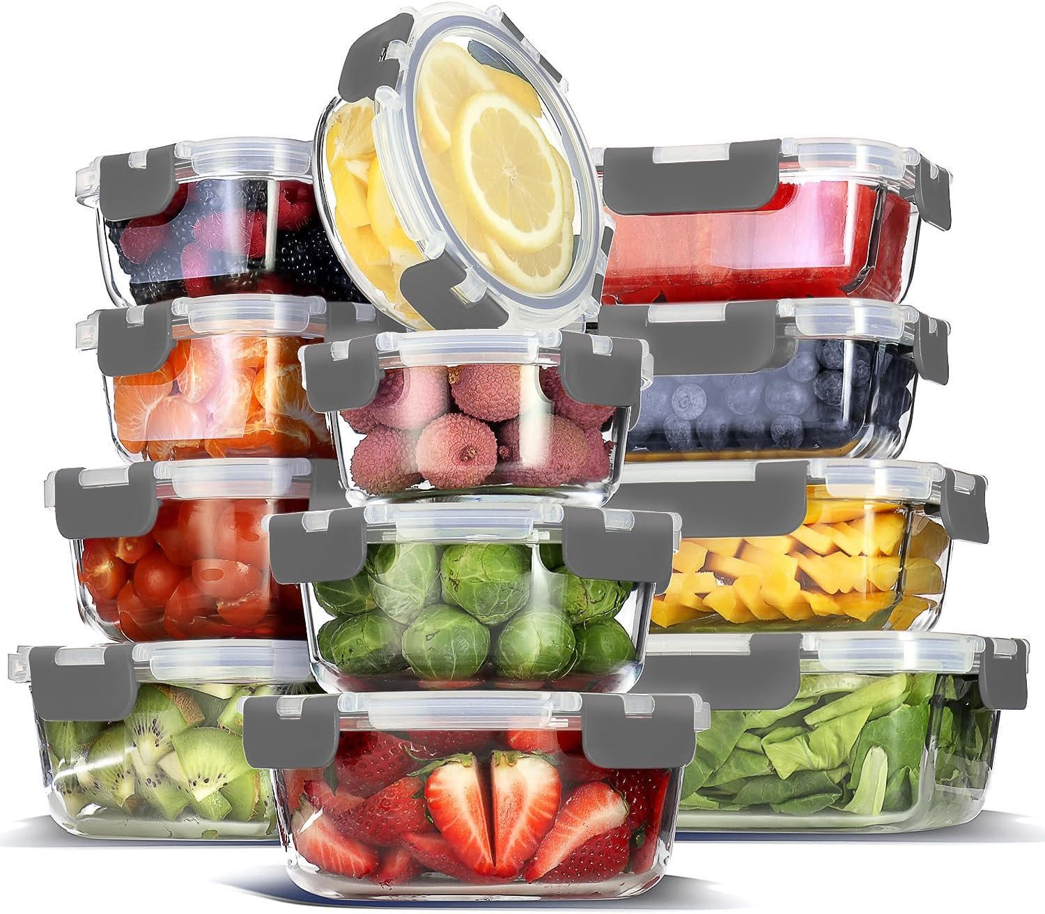 EATEX 24pc Glass Storage Containers with Lids, 12 Glass Food Storage Containers with 12 Airtight Lids for Pantry & Kitchen, Meal Prep Containers for Lunch, Oven Freezer Microwave & Dishwasher Safe