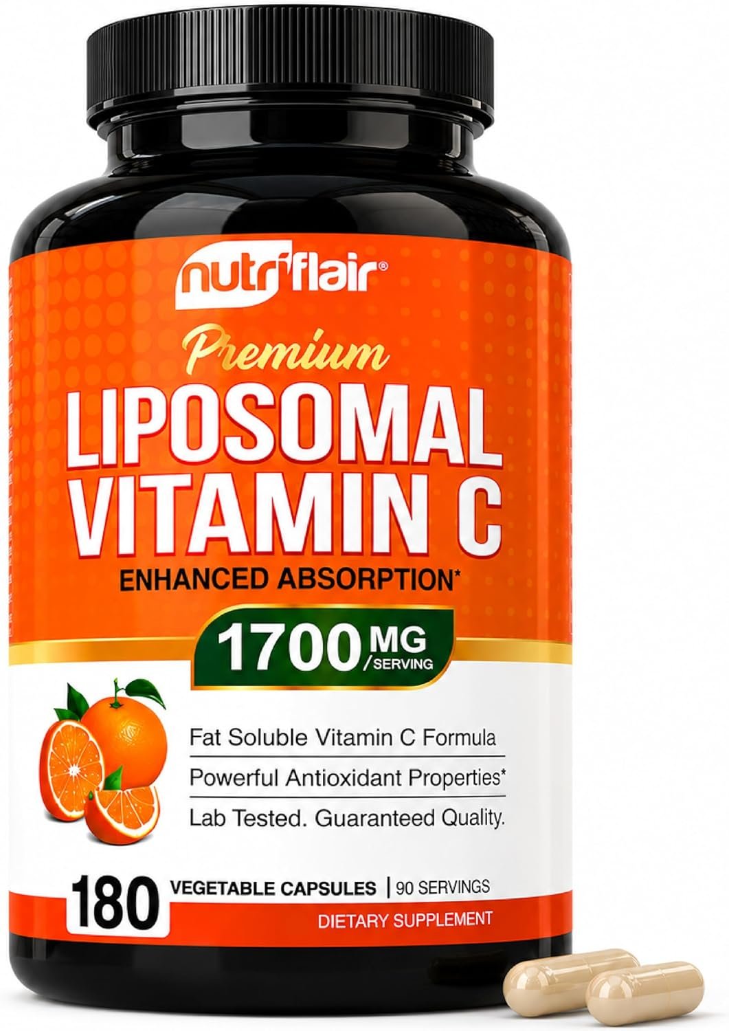 NutriFlair Liposomal Vitamin C 1700mg, 180 Capsules – High Absorption, Fat Soluble VIT C, Higher Bioavailability Immune System Support & Collagen Booster, Non-GMO, Vegan Pills