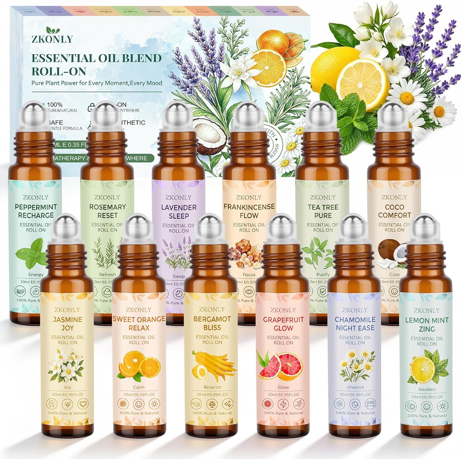 Essential Oil Roll On for Self Care – Aromatherapy Oil Gift for Women Men, Portable Aromatherapy Blend for Relaxation – Self Care Gifts for Women Valentines Birthday Christmas Moms Day -12 x 10ml