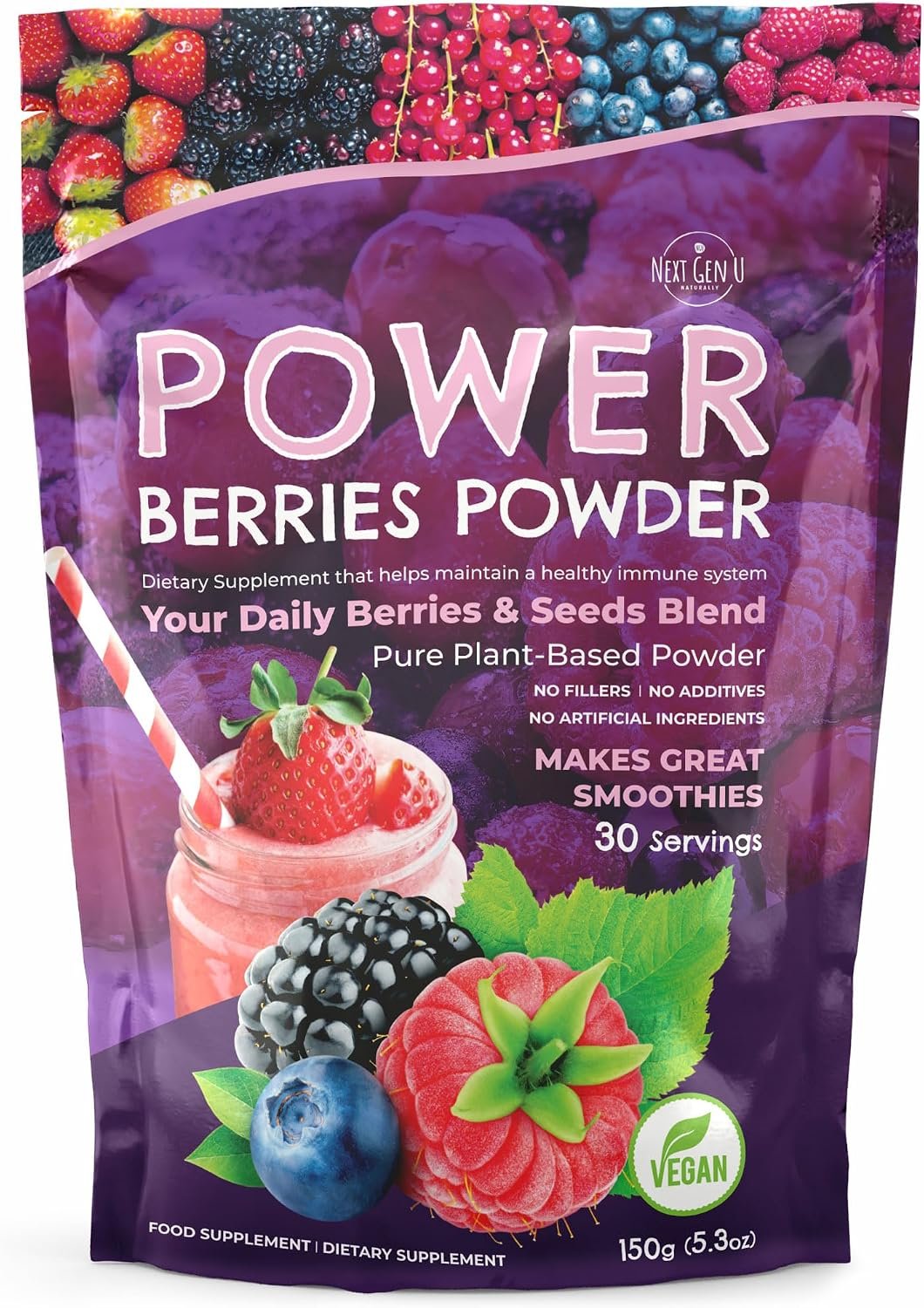 Super Berry Powder – 150g – Immune Support – Food Supplement – Superfood Berries – Smoothie Mix for Shakes – Healthy Boost for Detox Juice Beverages or Any Drink – by NextGenU