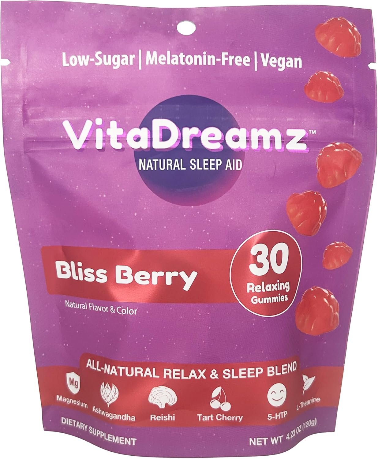 Melatonin-Free Sleep Gummies | Magnesium, Ashwagandha, Tart Cherry & L-Theanine | Natural Calm & Restful Sleep Support | Vegan, 1g of Sugar – Bliss Berry | 30 Count