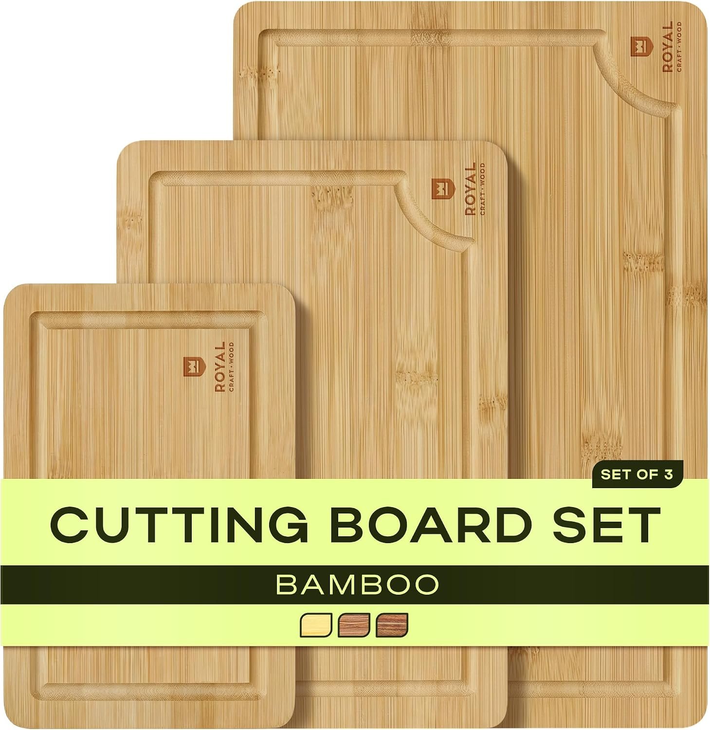 ROYAL CRAFT WOOD Wooden Cutting Boards for Kitchen Meal Prep & Serving – Bamboo Wood Serving Board Set with Deep Juice Groove Side Handles – Charcuterie & Chopping Butcher Block for Meat