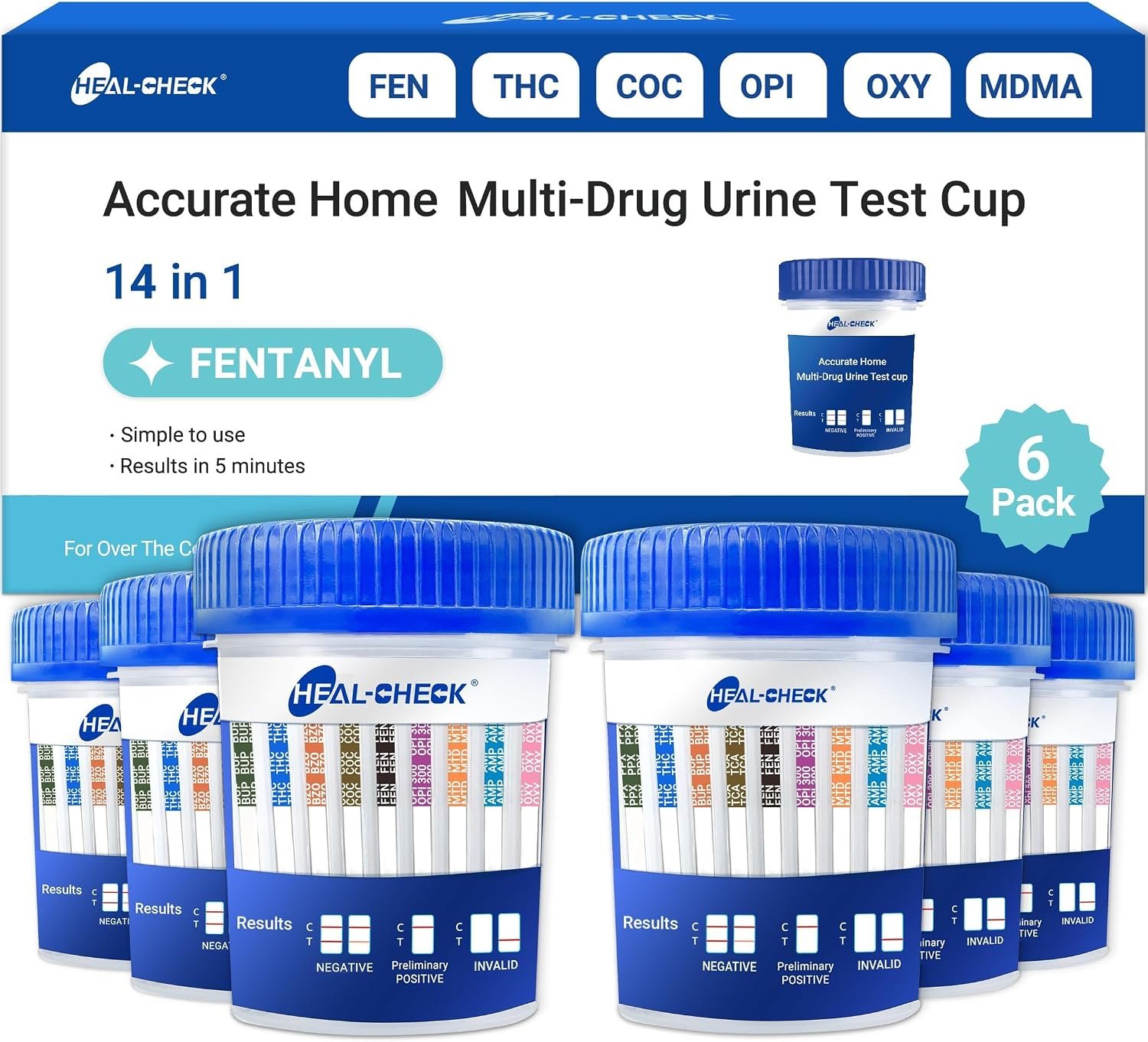 [6 Pack] HEAL-CHECK 14 Panel Drug Test Cup with Fentanyl for Home,Workplace