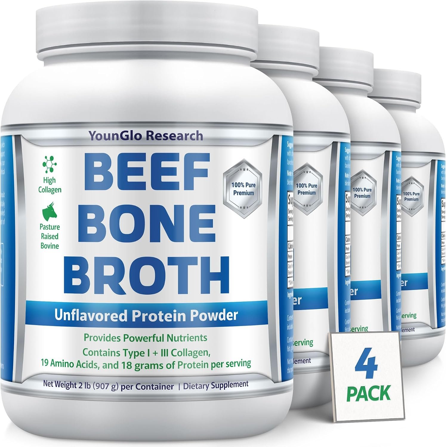 Bone Broth Beef Protein Powder – 2 lb, 4 PK, Unflavored – Grass Fed Bovine