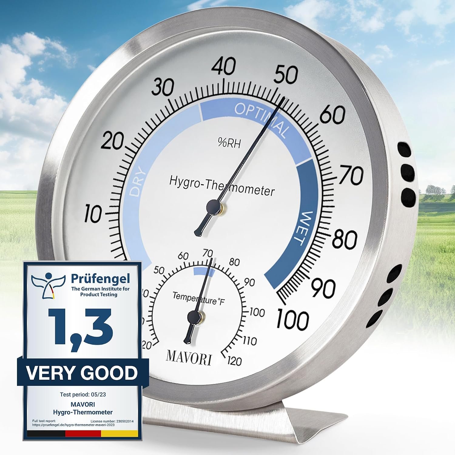 Analog Hygrometer – Thermometer Hygrometer for Indoor – Premium Stainless Steel Humidity Gauge Indicator – Temperature and Humidity Monitor – Battery Free Operation – Ø 12.5 cm