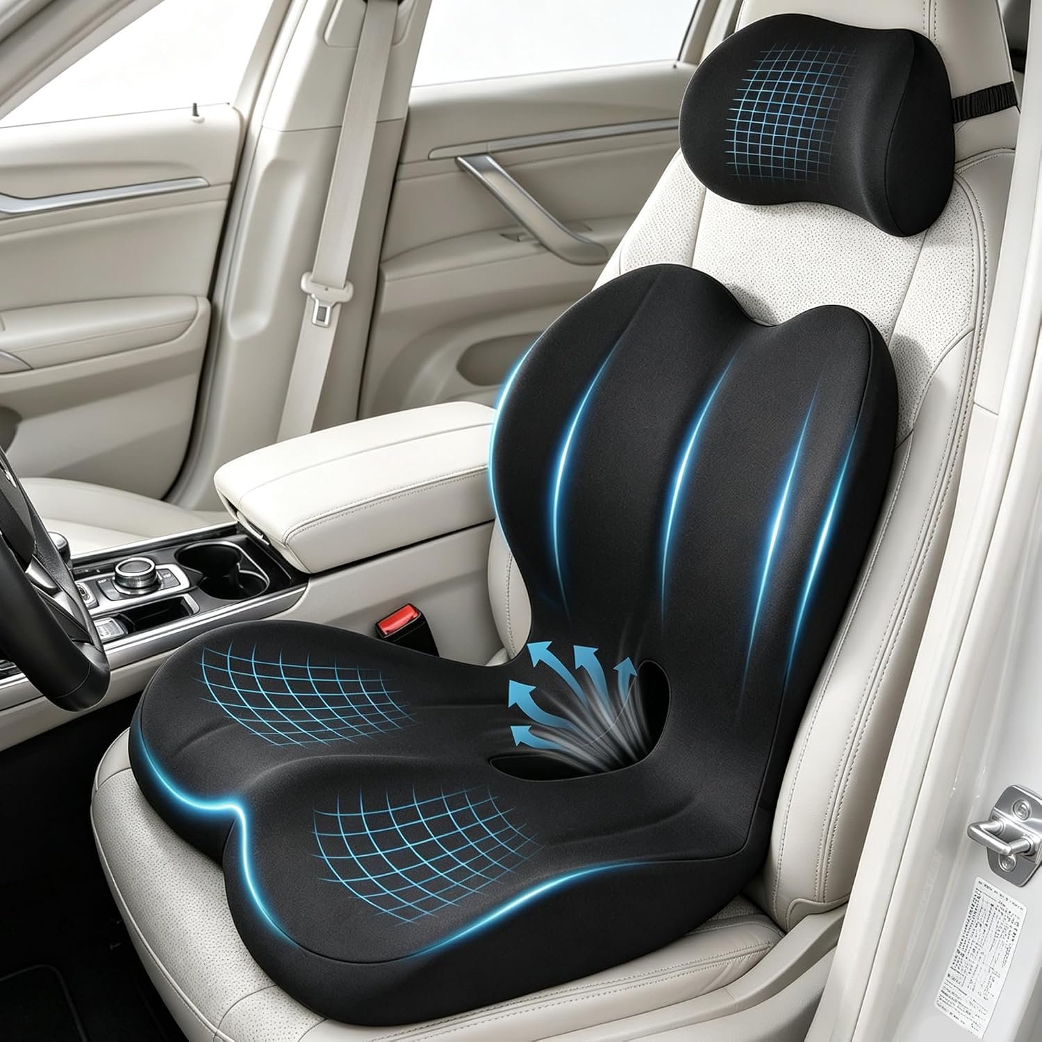 Truck Seat Cushion and Headrest Set for Long Driving – Memory Foam Car Seat Driver Cushion for Tailbone, Back & Sciatica Pain Relief, Ergonomic Lumbar Support for Semi Truck – Black
