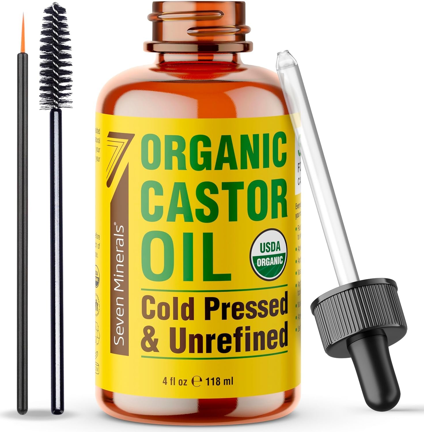 Seven Minerals 4oz Organic Castor Oil for Eyelashes, Eyebrows, Face & Hair Growth – Glass Bottle, Cold Pressed & Hexane Free – 100% Pure – Hydrates & Boosts Natural Hair, Ordinary Lash & Brow Growth