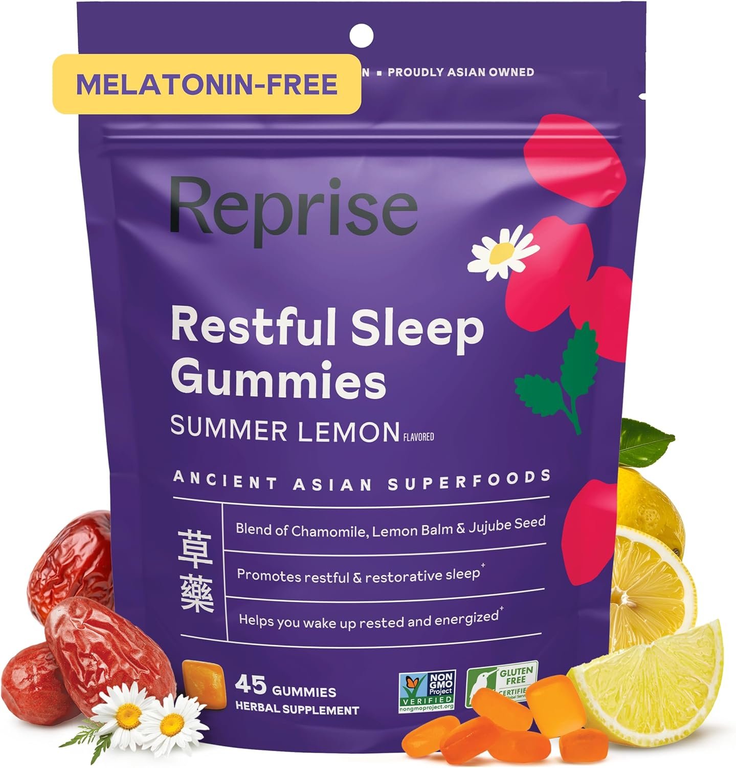 Melatonin Free Natural Sleep Aid Gummies for Adults | NO Melatonin | Herbal Jujube & Chamomile, Lemon Balm – Deep Sleep Supplement & Relaxation for zzz, 45 per Pack (45 Vegan Gummies (1 Pack))