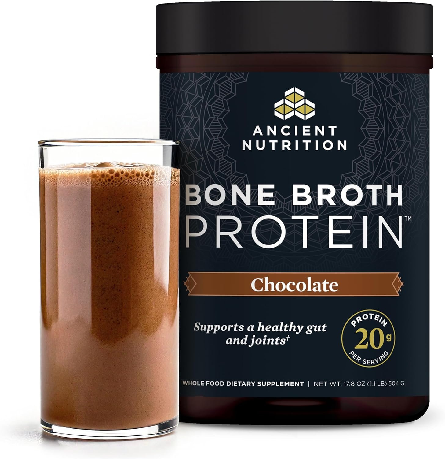 Ancient Nutrition Grass Fed Bone Broth Protein Powder, Chocolate