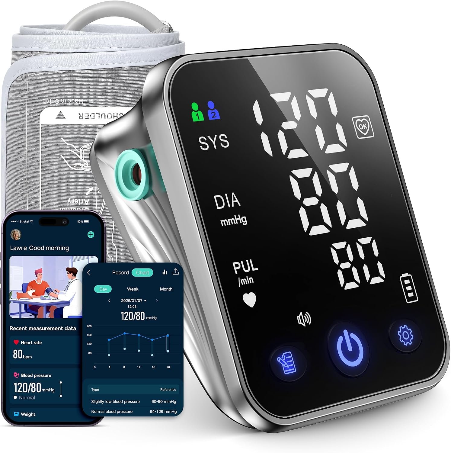 RunStar Smart Blood Pressure Monitor for Home Use, Upper Arm BP Cuff 8.6”-16.5”, Large 5.0” 3-Color LED Display, FSA&HSA Eligible, Digital Automatic Blood Pressure Machine with iOS & Android App