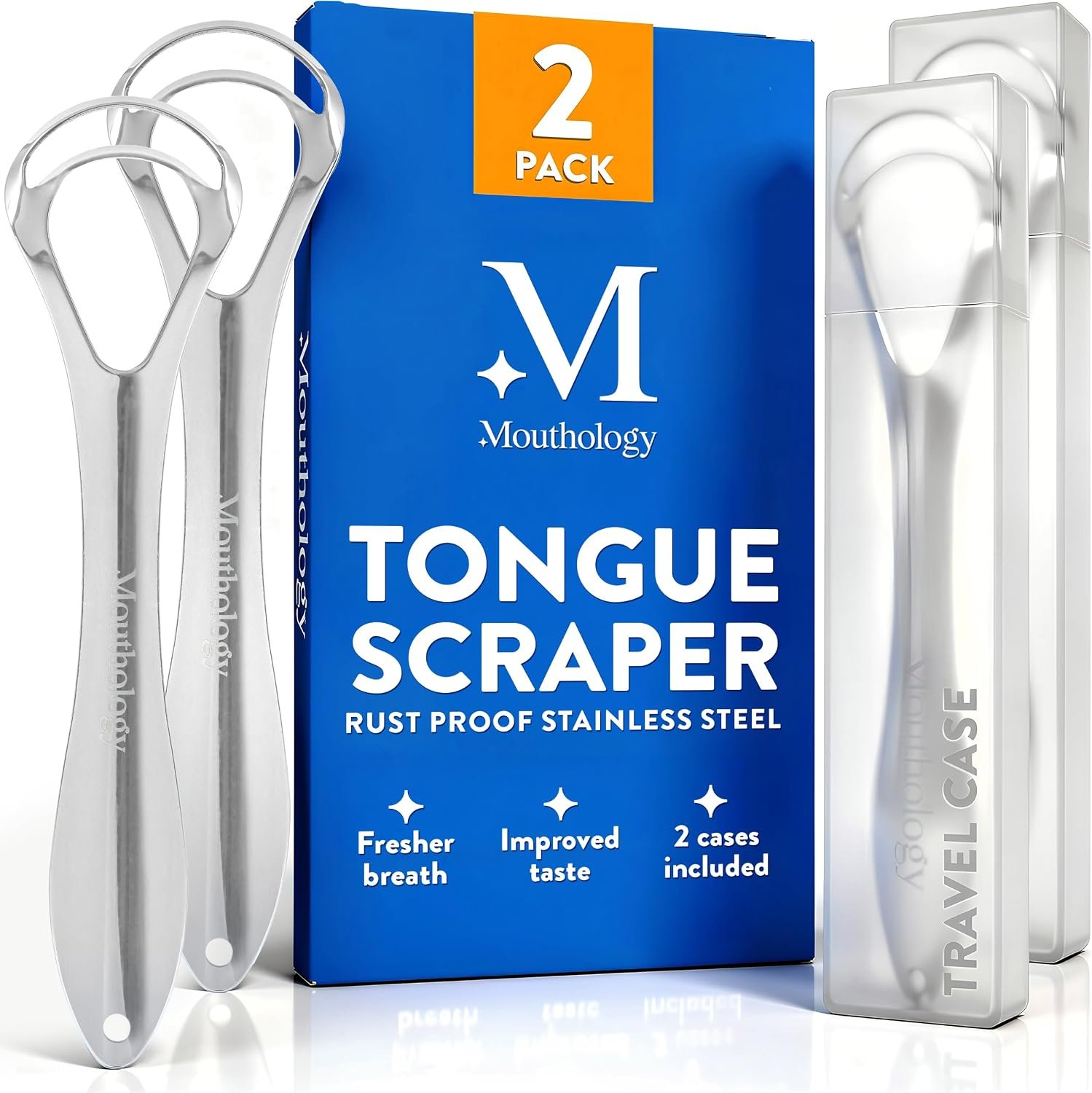 Mouthology Tongue Scraper for Adults (2 Pack), Reduce Bad Breath, Metal Tongue Scraper, Tongue Cleaner, Tongue Scraper, Stainless Steel Tongue Scraper, Tongue Cleaner for Adults, Tongue Scrubber