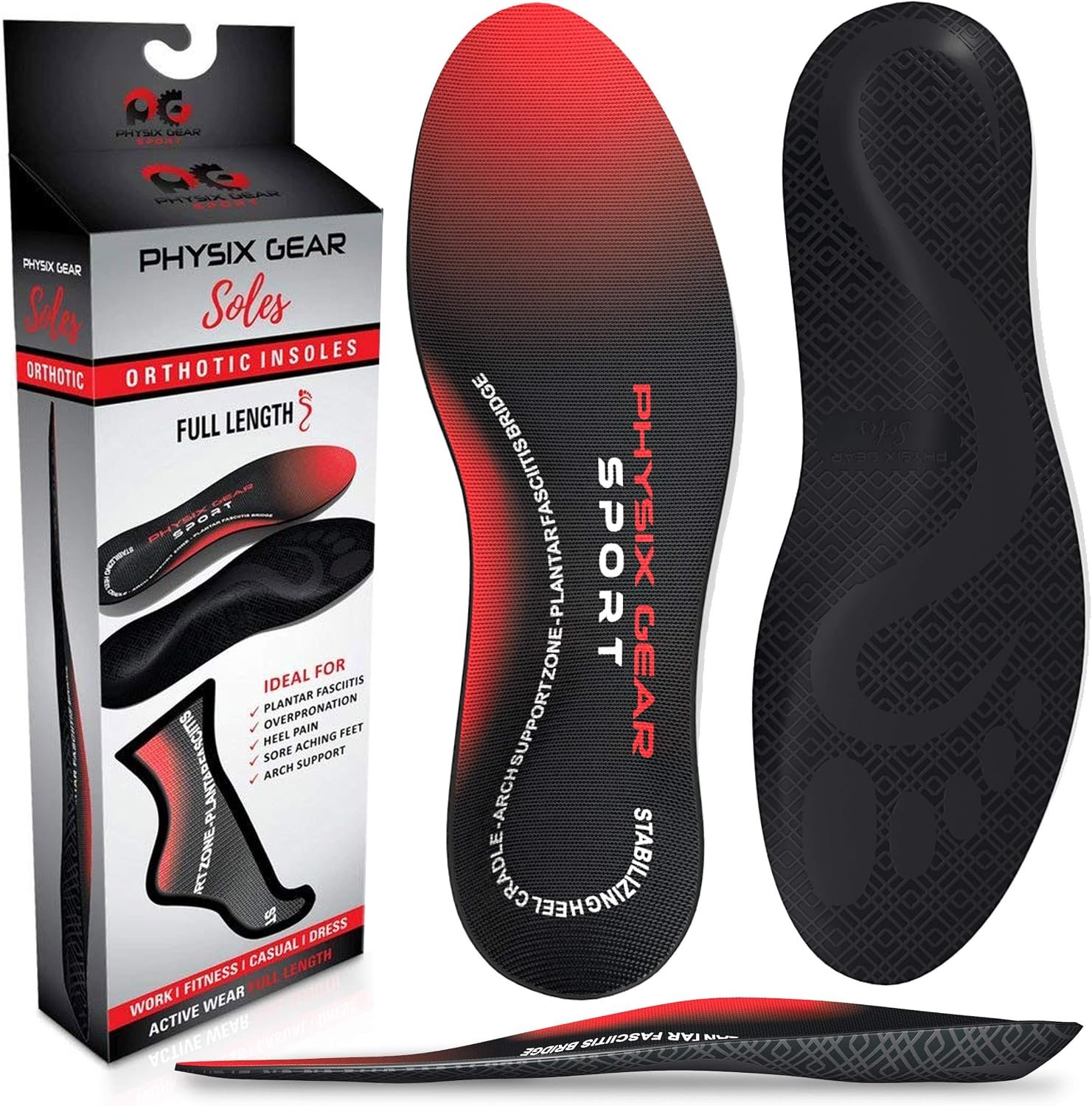 Physix Gear Orthotic Insoles for Men & Women – Arch Support Orthotics Insole, Orthopedic Insoles, Inserts for Men & Women, Foot Insoles for Plantar Fasciitis Comfort, Shoe Insert, Feet, Red/Black, S