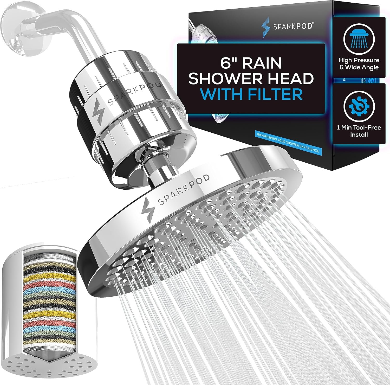SparkPod Filtered Shower Head, 23-Stage, 6″ Round, Polished Chrome
